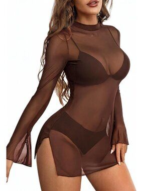 Women's Brown Turtle Neck Long Sleeve Pull On Casual Bodycon Mini Dresses